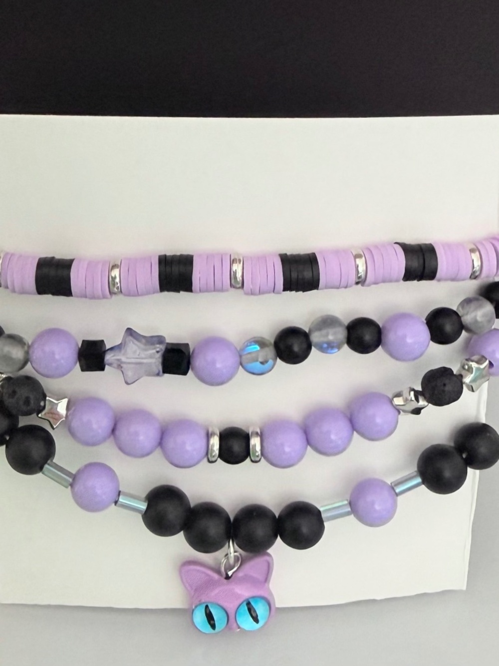 4pc Cat Purple Black Halloween Stretch Elastic Bracelet - 6.5in